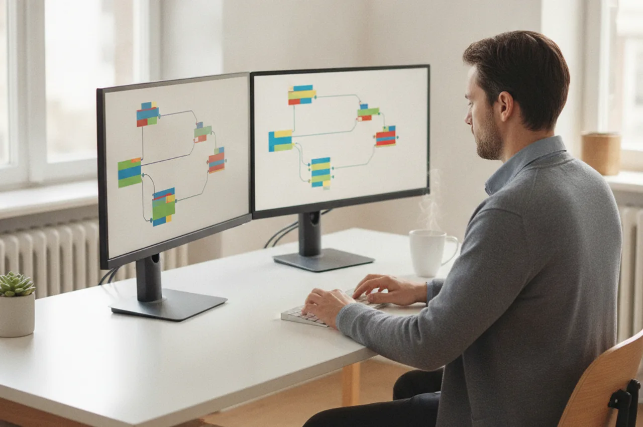 Consultant bouwt een geautomatiseerde workflow op twee schermen