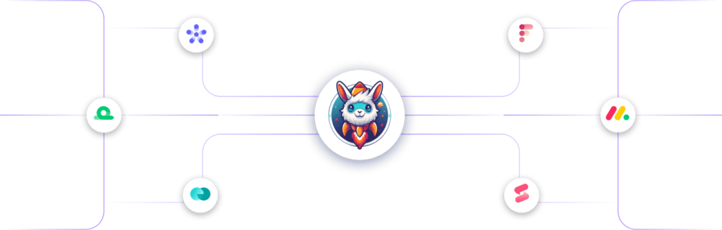 Diagram van monday.com tools en integraties, verbonden met een centraal symbool voor samenwerking en productiviteit.